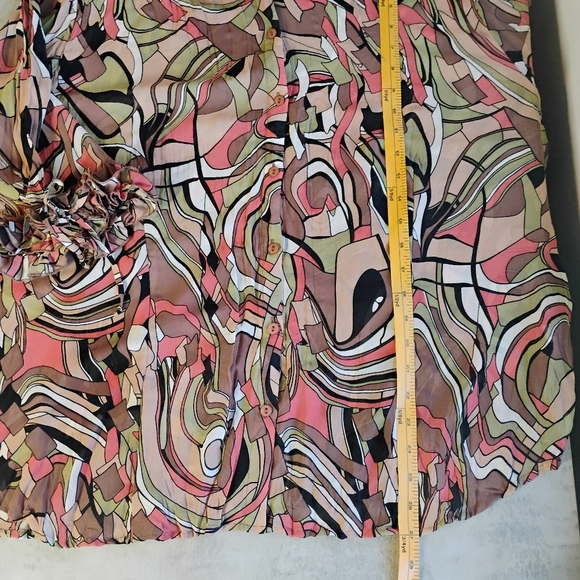 Bellisimo Sheer Abstract Geometric Button Down Top Ruffle Artsy Plus Size 3X - Picture 13 of 15